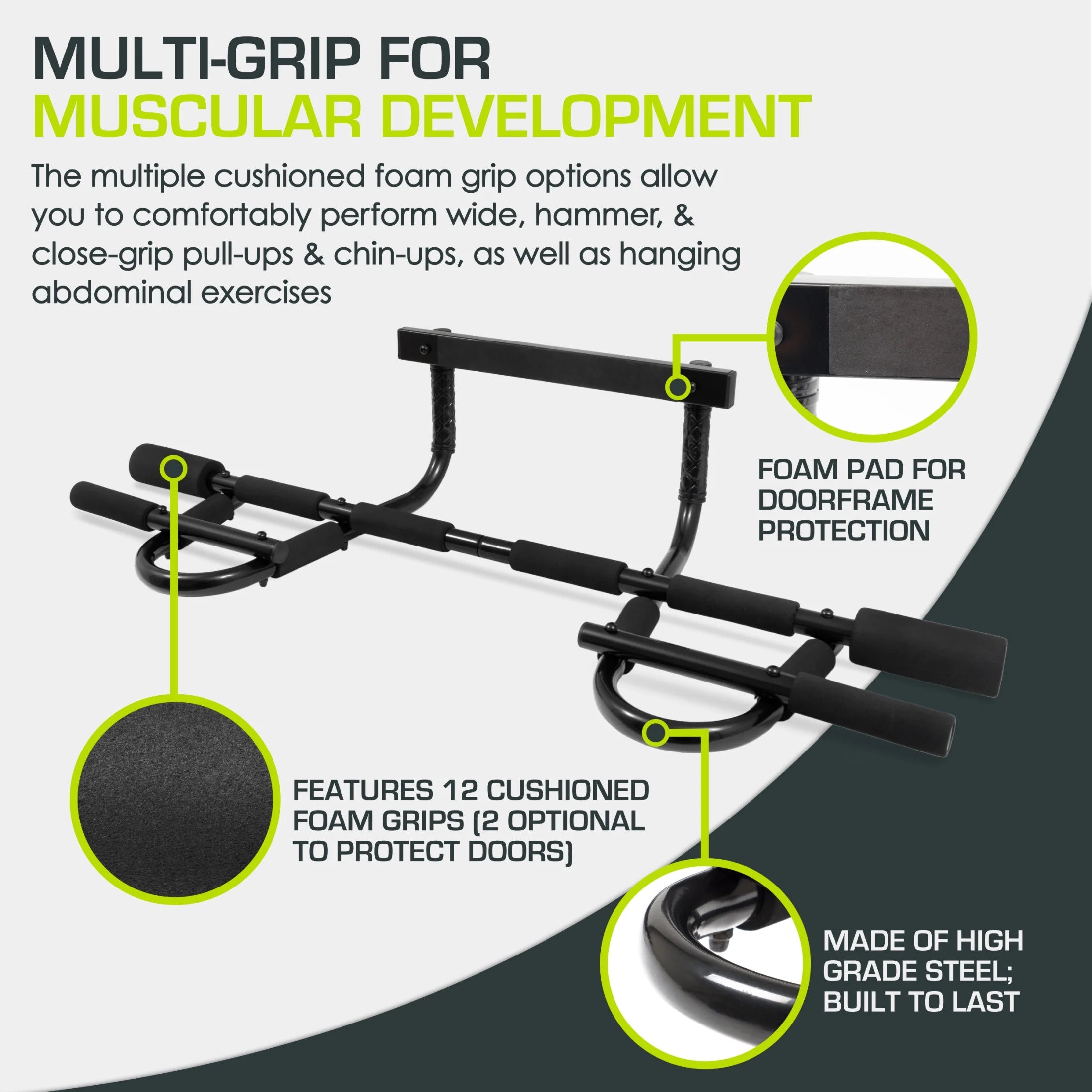 Multi-Grip Pull-Up Bar features 12 cushioned grips for various exercises and muscular development.