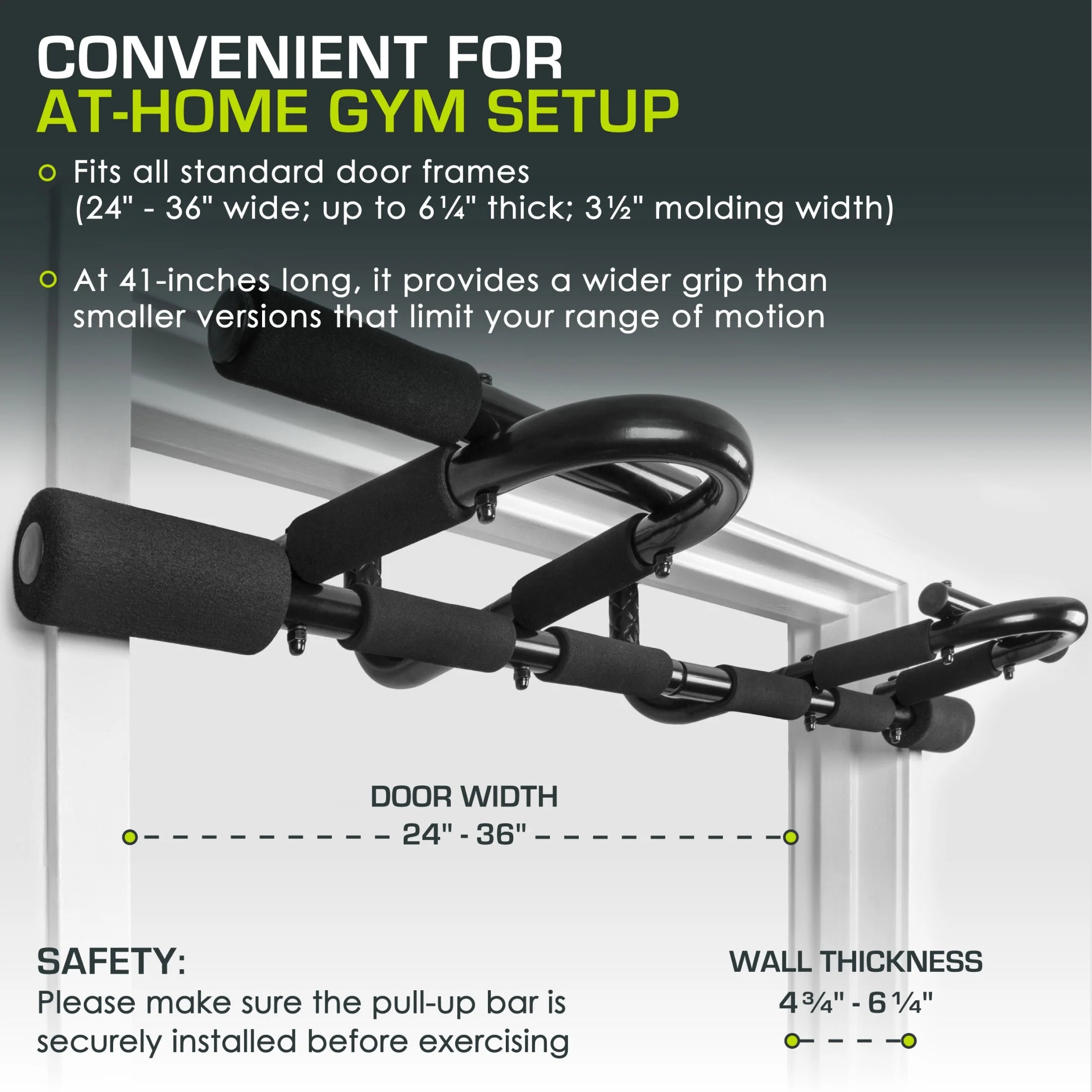 Multi-Grip Pull-Up Bar fits standard door frames for convenient at-home gym setup and enhanced upper body workouts.