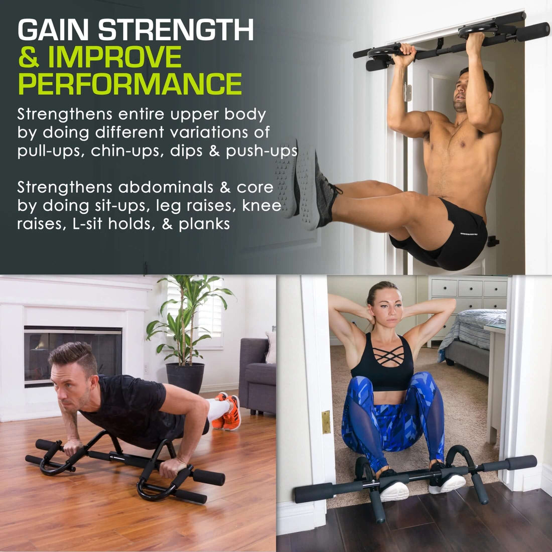 Multi-Grip Pull-Up Bar used for various exercises like pull-ups, chin-ups, dips, and core workouts.