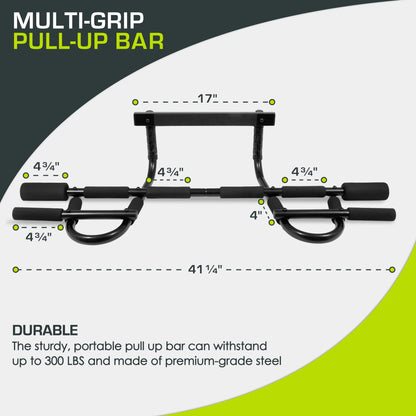 Multi-Grip Pull-Up Bar with ergonomic grips and durable design for home workouts, supports up to 300 lbs.