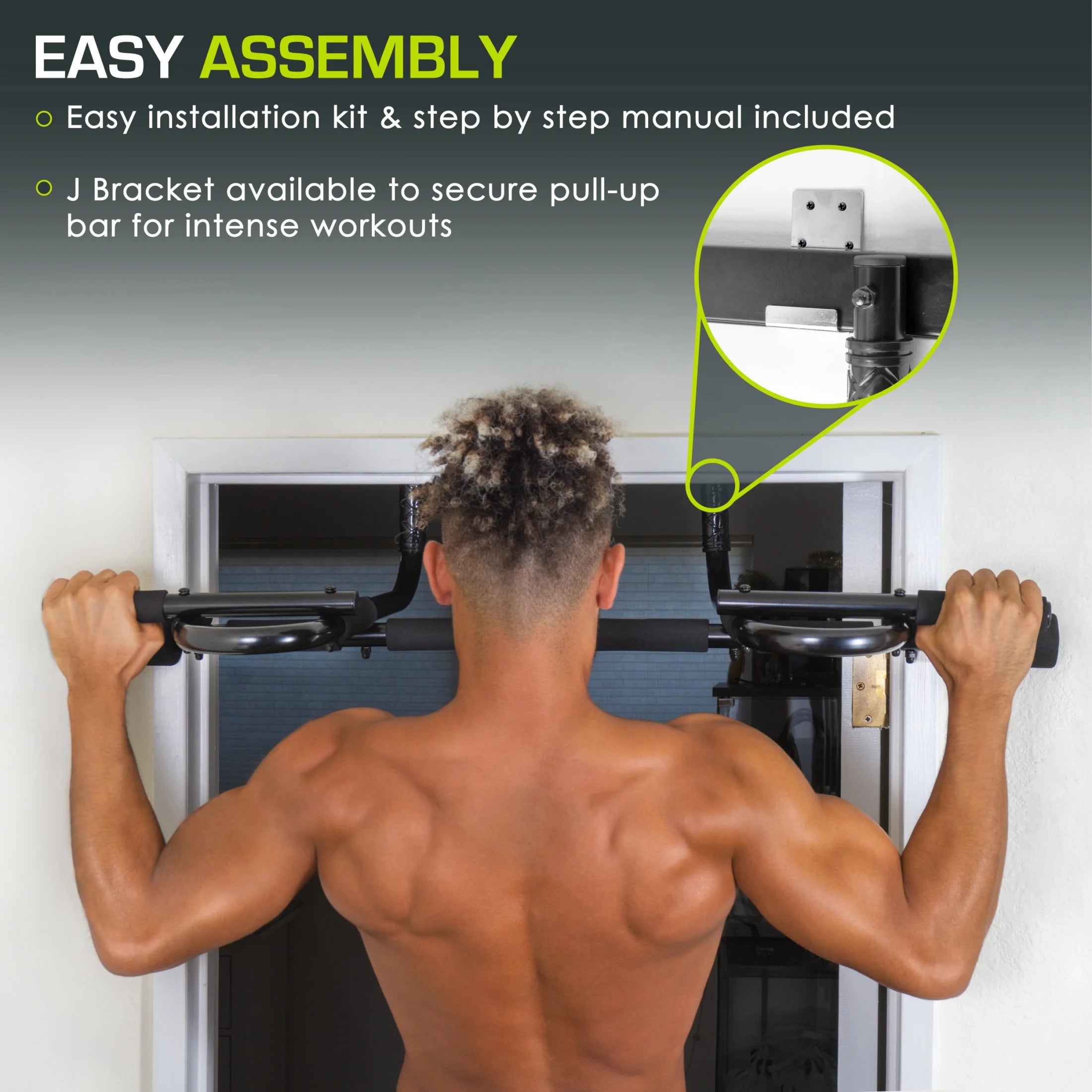 Multi-Grip Pull-Up Bar with easy assembly and J-Bracket for secure installation.