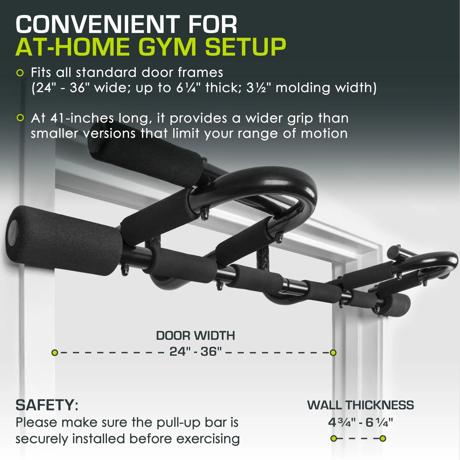 Multi-Grip Pull-Up Bar fits standard door frames for convenient at-home gym setup and enhanced upper body workouts.