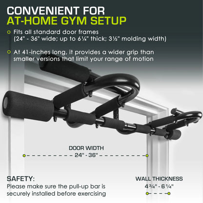 Multi-Grip Pull-Up Bar fits standard door frames for convenient at-home gym setup and enhanced upper body workouts.