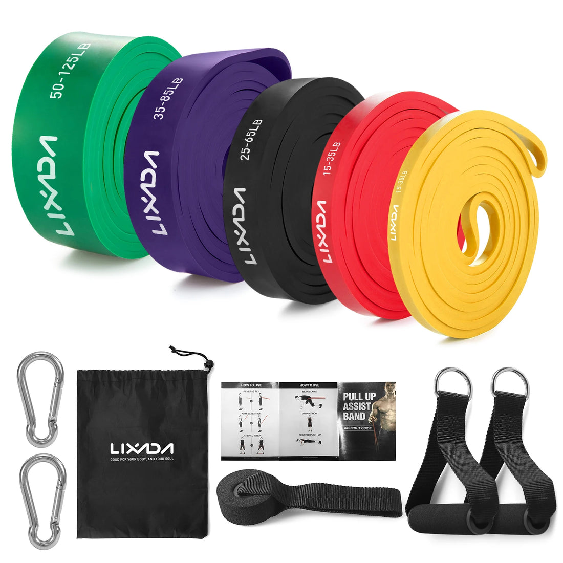 Components of the Lixada Resistance Bands Set.