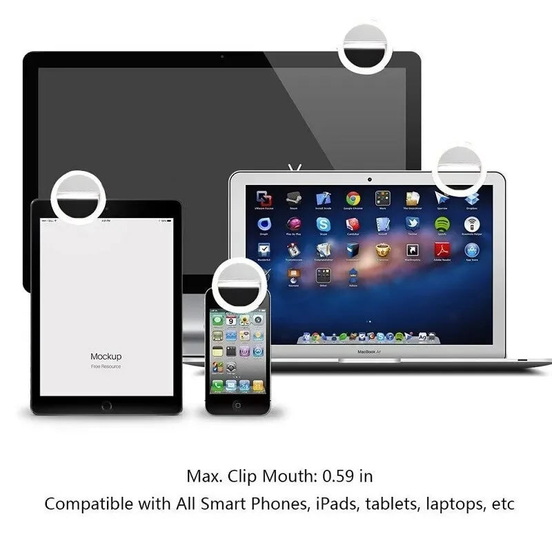 Various devices that the LED Light Selfie Ring can clip onto.