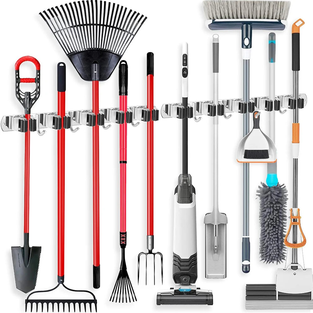 Image of the Mop and Broom Holder holding various items.