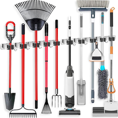 Image of the Mop and Broom Holder holding various items.
