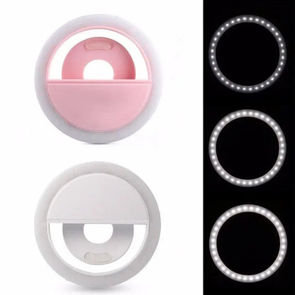 Pink and White LED Light Selfie Rings.