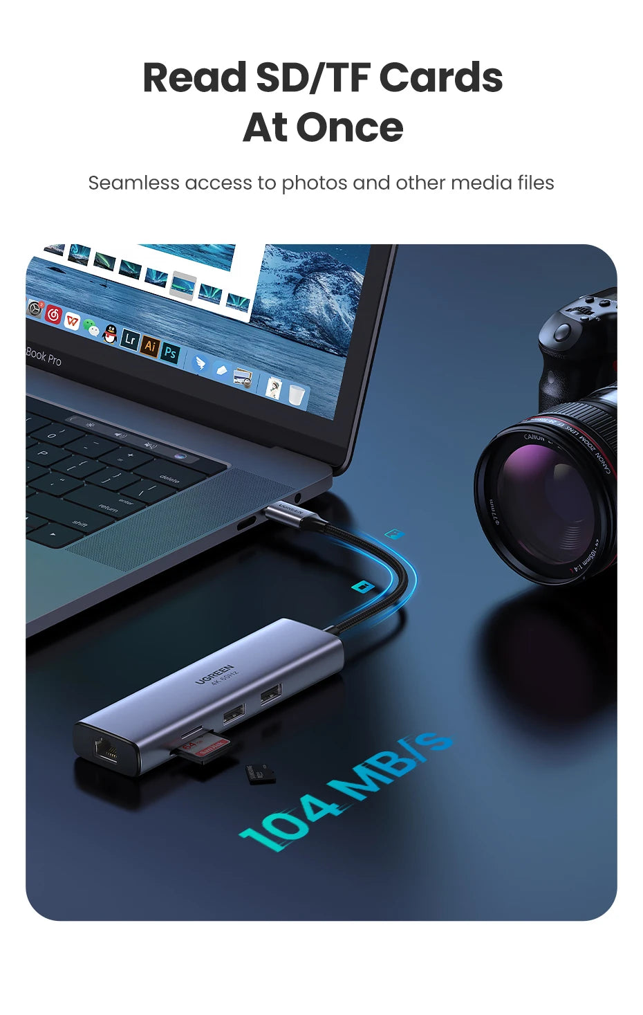 Image of the 7-In-1 Type-C 4K60Hz HDMI Hub connected to a laptop via USB-A.