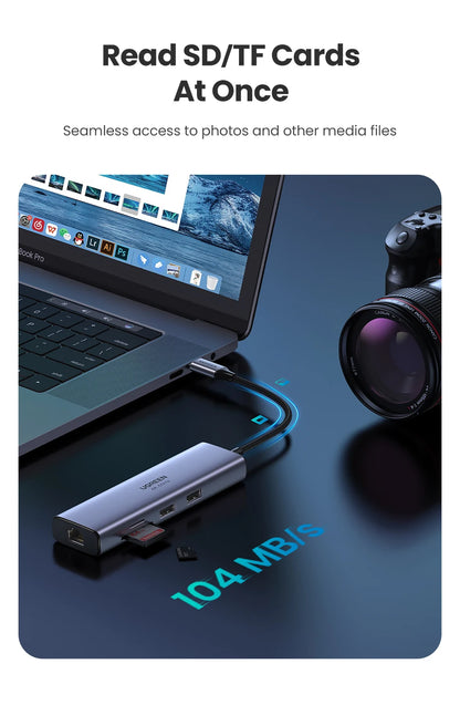 Image of the 7-In-1 Type-C 4K60Hz HDMI Hub connected to a laptop via USB-A.